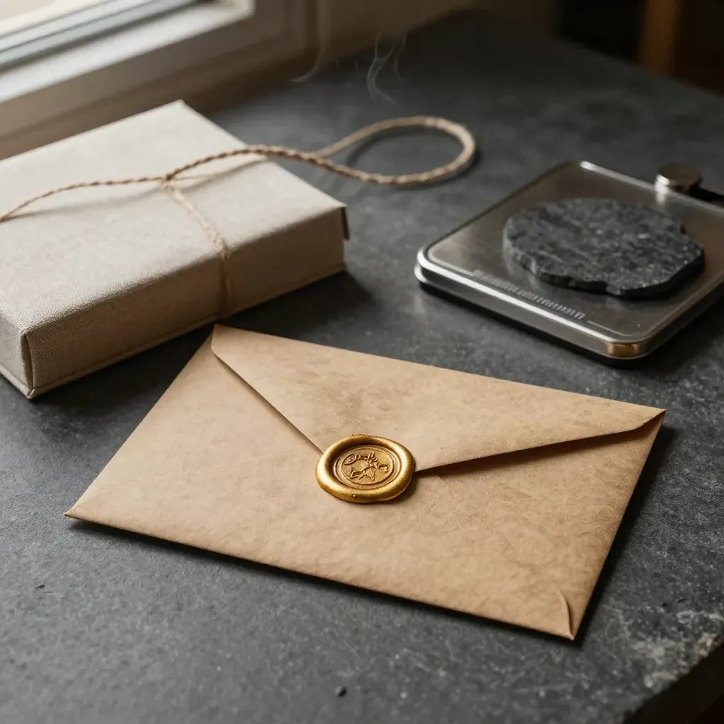 Enveloppe kraft scellée à la cire, boîte d’échantillons, cordon de lin et balance sur pierre sombre.