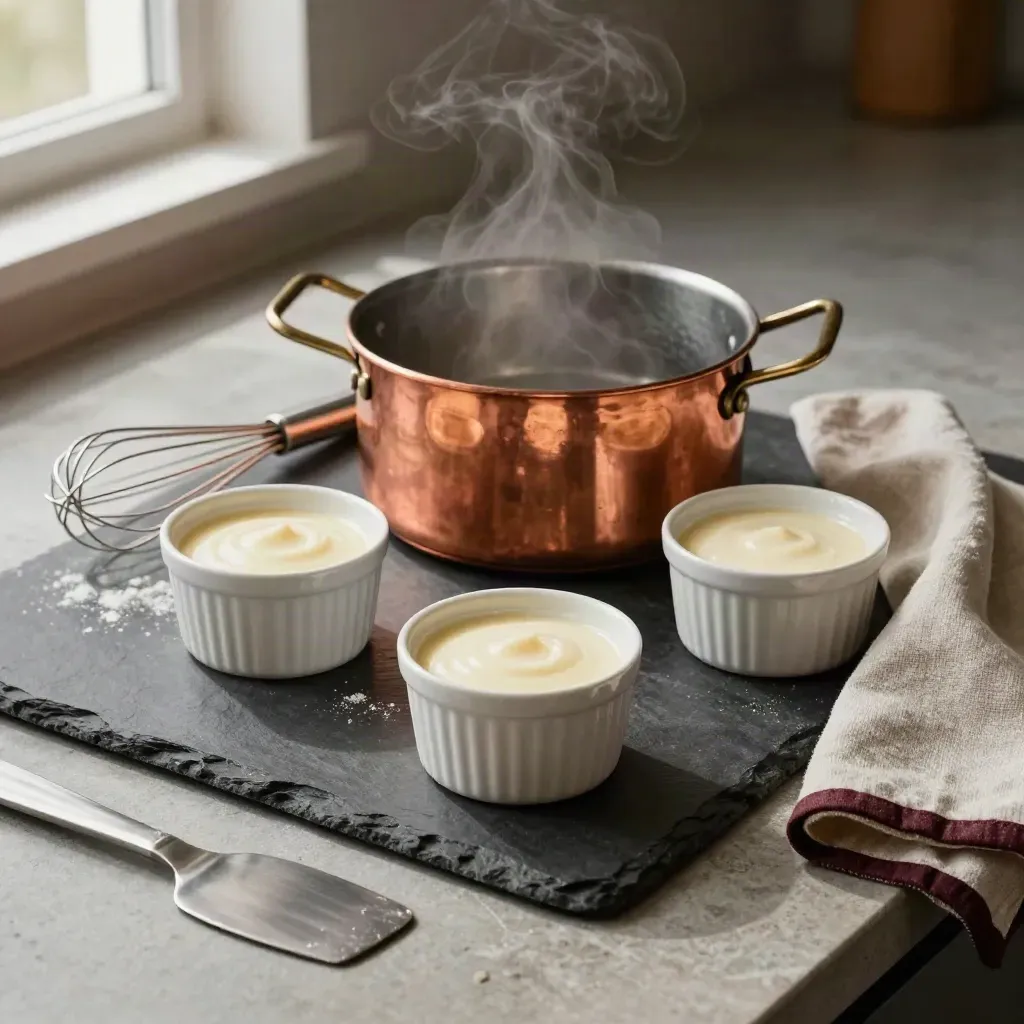 Casserole en cuivre, ramequins, fouet et torchon sur plateau de pierre, lumière douce.