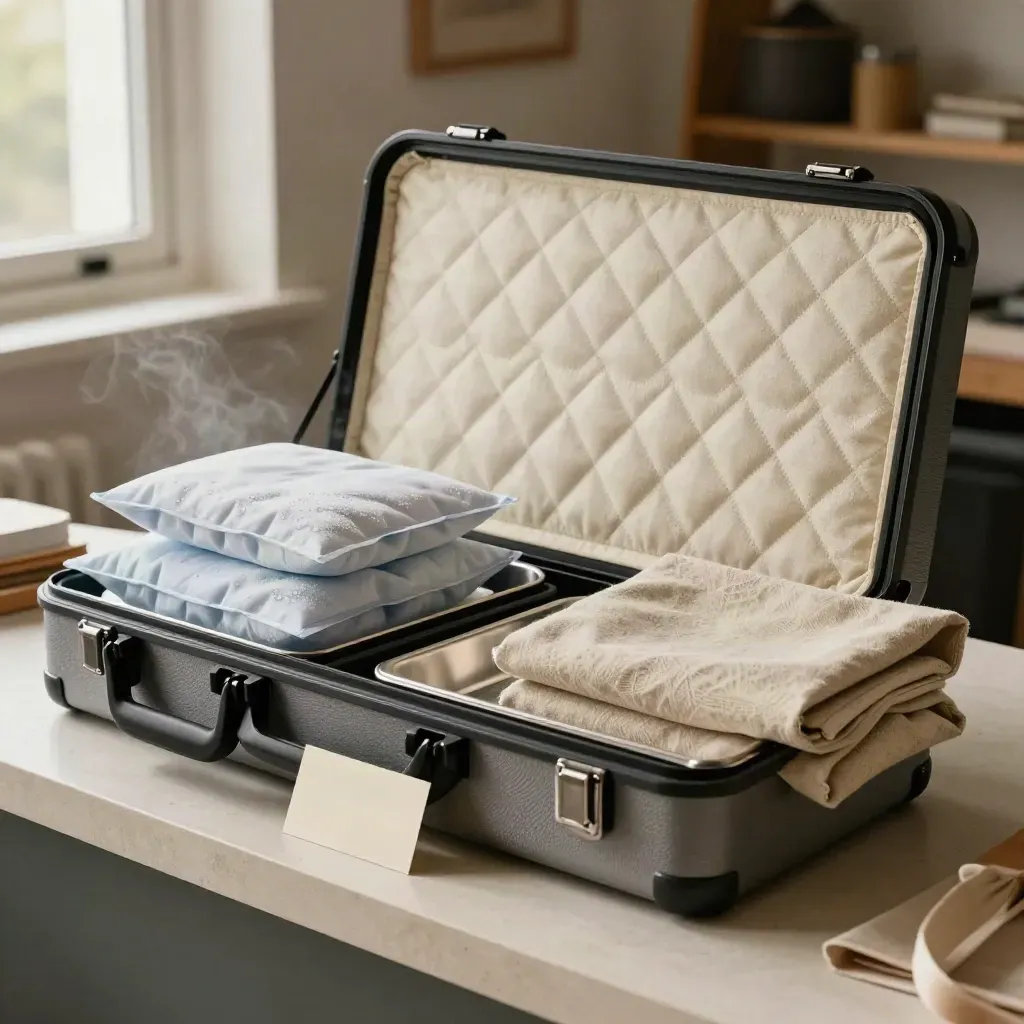 Caisse isotherme ouverte, sacs réutilisables et blocs froids sur fond crème.