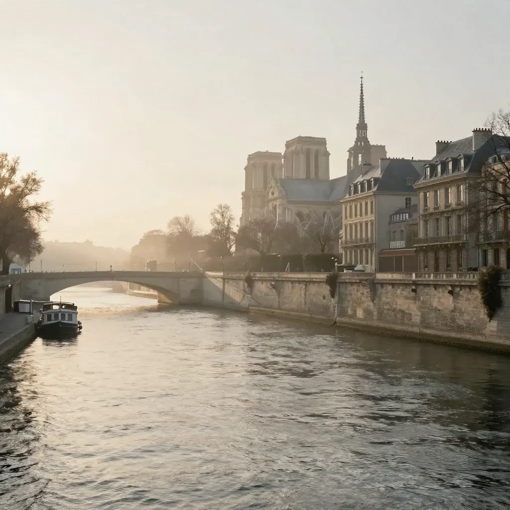 Vue brumeuse de la Seine au lever du jour, Île de la Cité et toits de Paris au-dessus des quais.