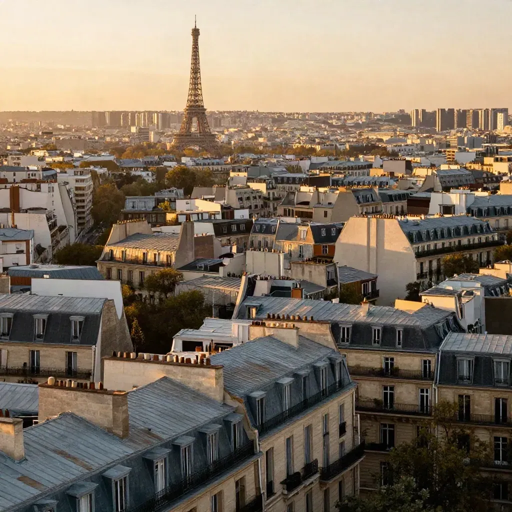 Toits haussmanniens de Paris Ouest au soleil doré, tour Eiffel haute dans la brume.