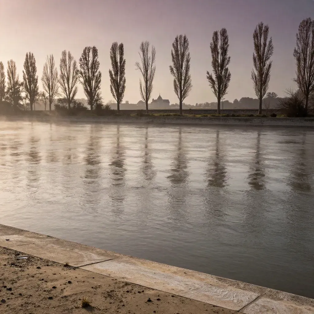 Les bords de Marne au crépuscule, eau miroitante et peupliers, château de Vincennes au loin.