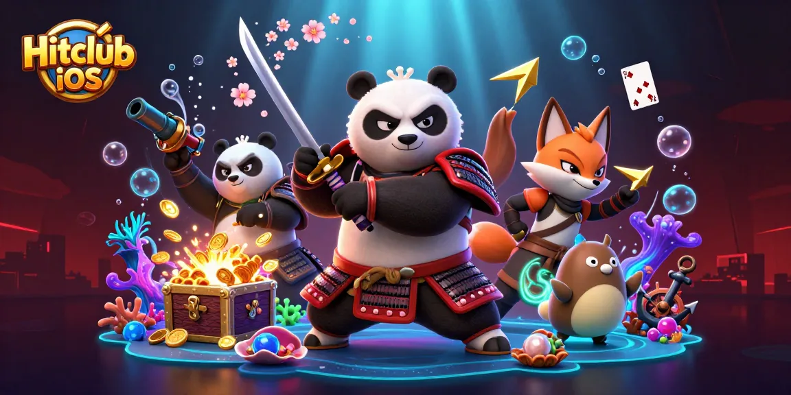 Experience thrilling gameplay with Hitclub iOS, featuring samurai panda and ninja fox in a vibrant casino scene.