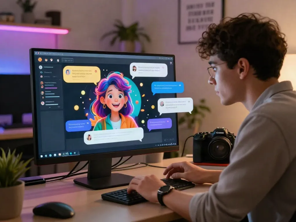 Engaging scene of a user interacting with nsfw ai chat interface, showcasing vibrant avatars and dynamic chat prompts in a modern workspace.