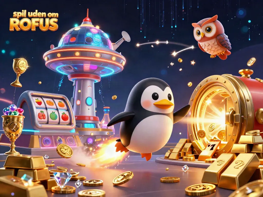Play exciting games at spil uden om ROFUS with a dynamic scene featuring a golden penguin and casino elements.