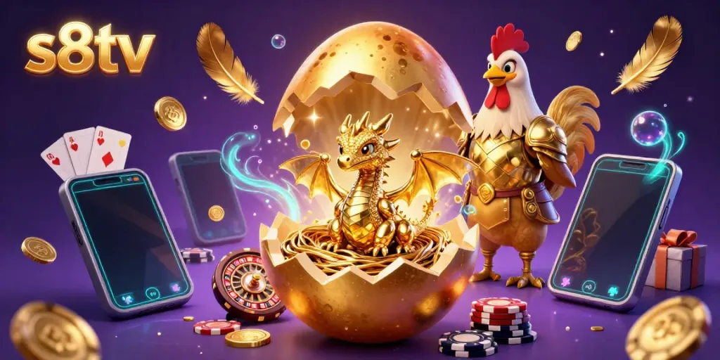 Engage with games at s8tv, revealing a golden dragon amidst poker chips and vibrant slot game elements.