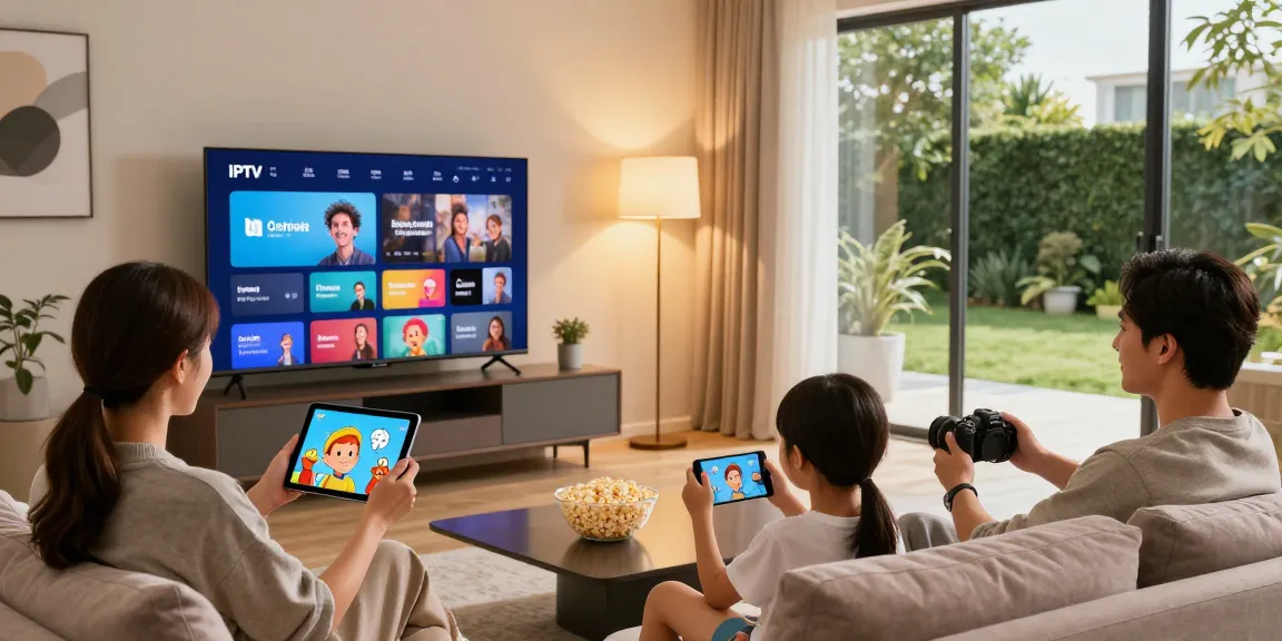 La famille profite de l'abonnement Iron tv sur un grand écran de télévision