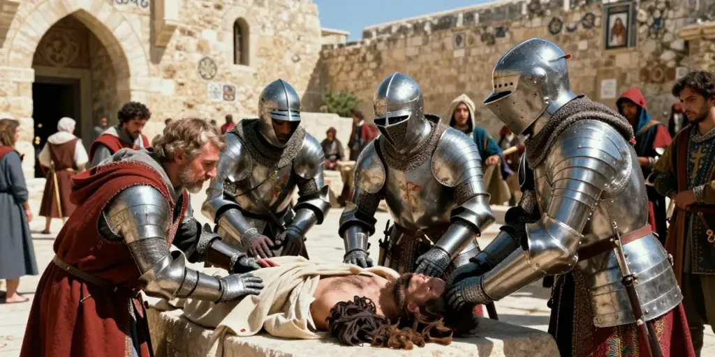 Histoire ordre militaire et hospitalier de Saint-Lazare de Jérusalem illustrant des chevaliers s'occupant d'une léproserie.
