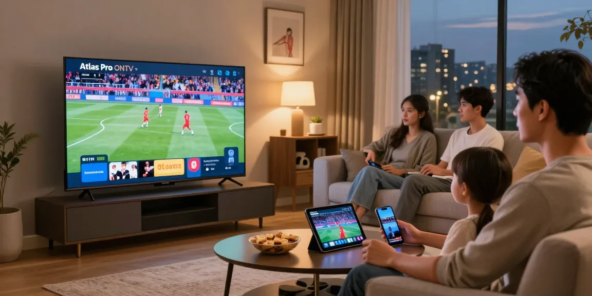 Profitez de l'application atlas pro sur une Smart TV avec famille, ambiance chaleureuse.