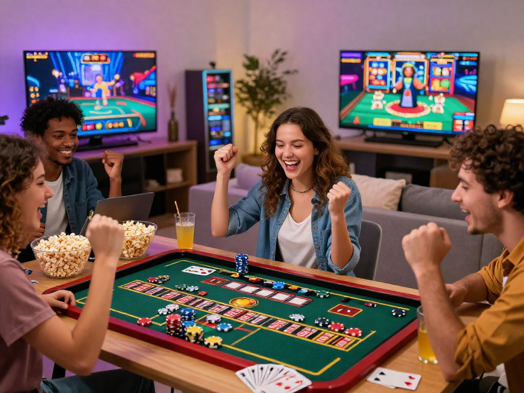 Scène de casino en ligne avec des amis célébrant une victoire autour d'une roulette virtuelle, ambiance festive.