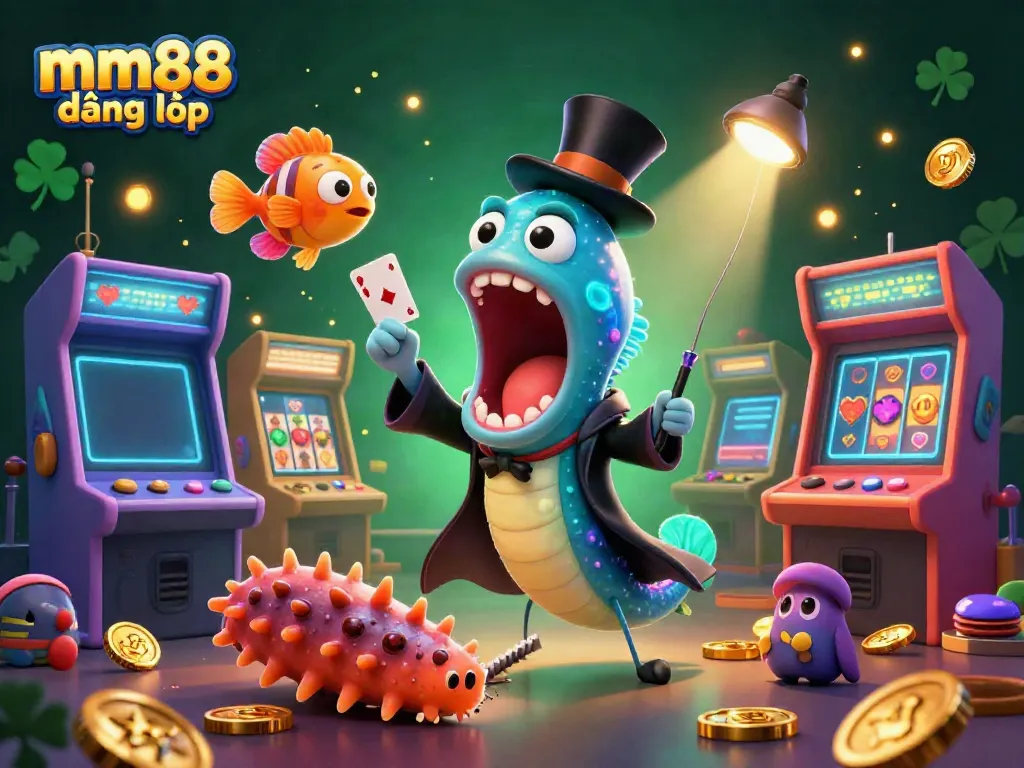 Experience magic with "mm88 đăng nhập" as a glowing eel performs card tricks in a lively casino scene.
