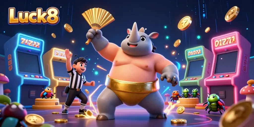 Experience the excitement of Luck8's vibrant casino world filled with animated characters and slot elements.