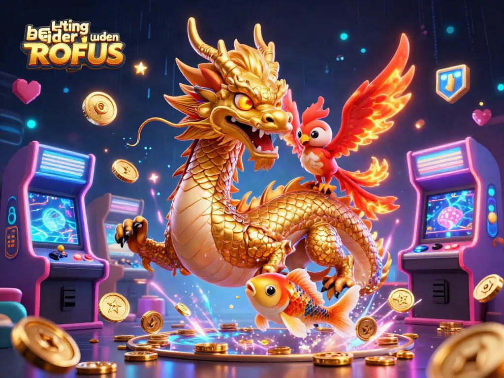 Engage with betting sider uden ROFUS through a vibrant illustration featuring a mythical dragon, phoenix, and koi fish amidst dynamic gaming elements.