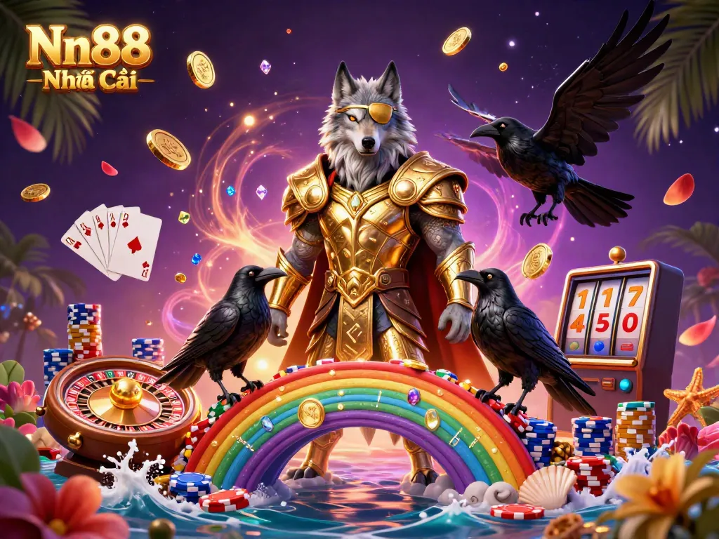 Nn88 Nhà Cái shines in a magical casino scene featuring Odin, ravens, and vibrant gaming elements.