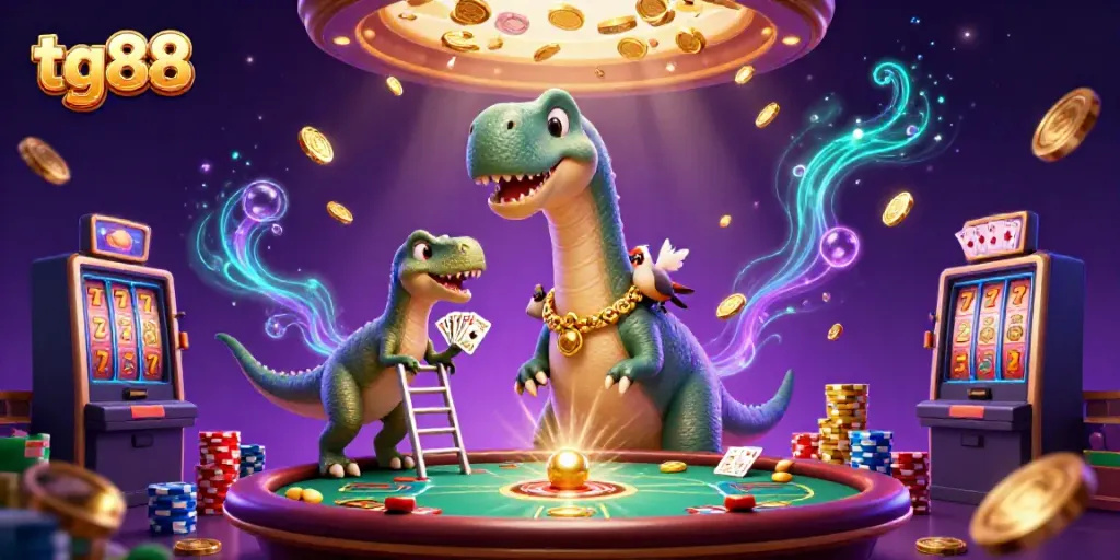 Experience dynamic gameplay with tg88 at this vibrant 3D casino scene featuring exciting casino elements.
