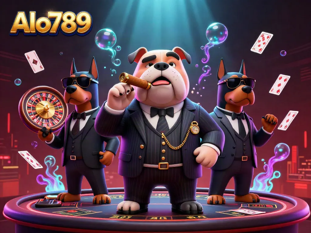 Engage in thrilling betting with Alo789 featuring a mafia bulldog and Doberman guards in an exciting casino scene.