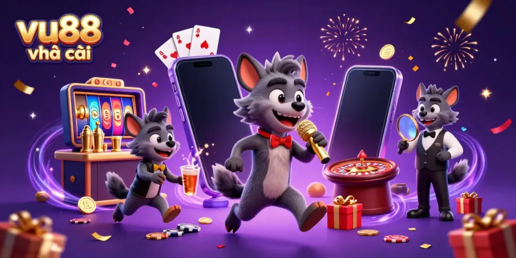 Enjoy entertainment at vu88 nhà cái with lively 3D hyena characters in a vibrant casino scene.