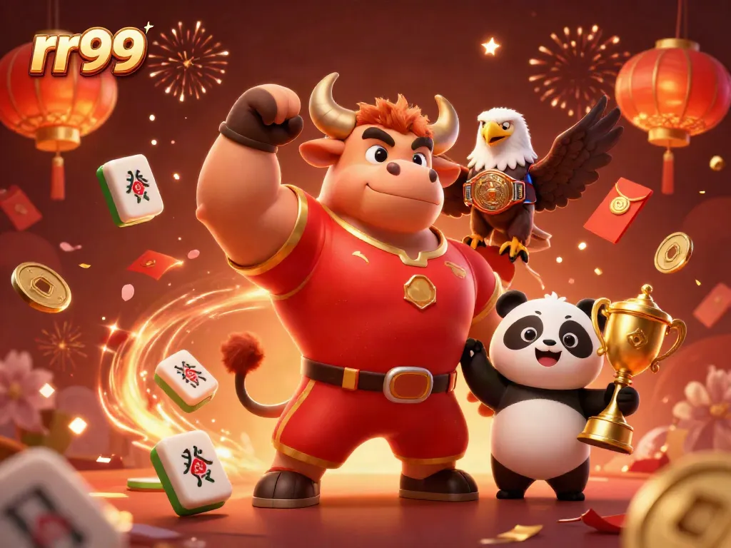 Experience the excitement of rr99 as a muscular bull mascot celebrates with a trophy and eagle amidst festive casino elements.