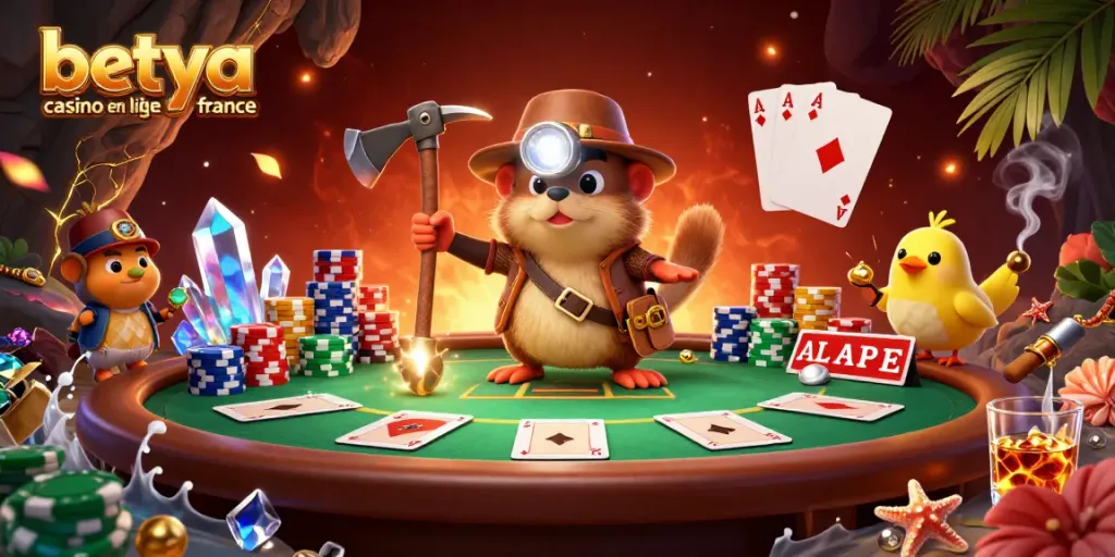 Betya casino en ligne france showcases dynamic poker action with a treasure hunter mole and canary.