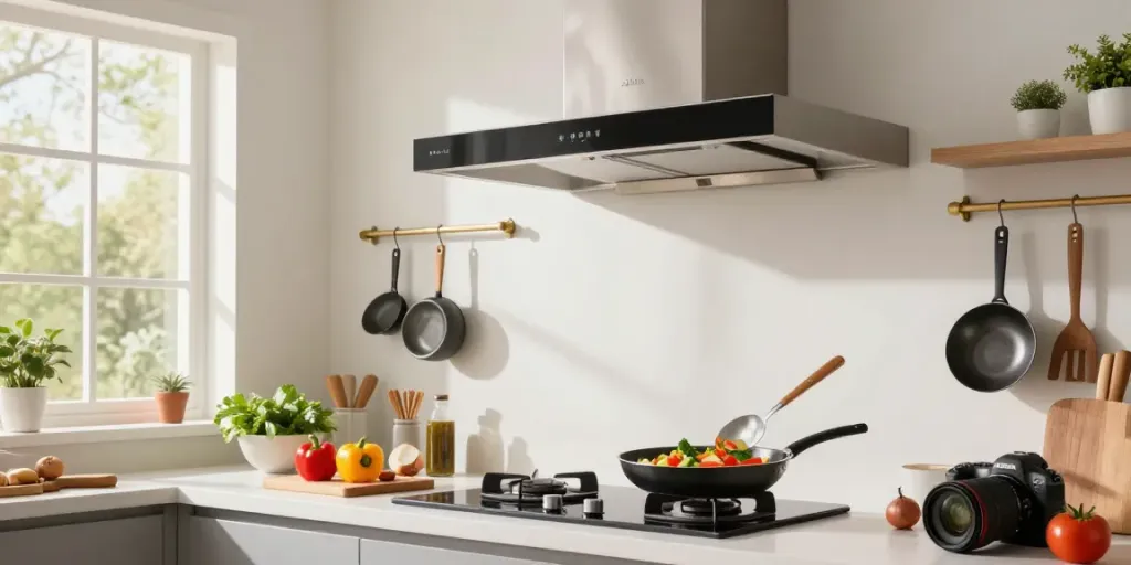 Hotte aspirante 90 cm dans une cuisine moderne avec chef cuisinant des légumes frais.