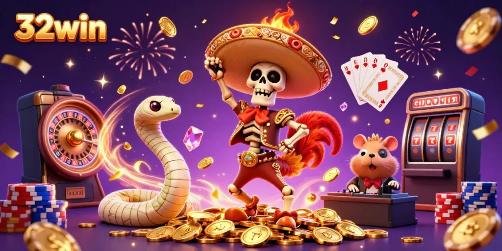 Celebrate winnings at 32win with a vibrant party of casino characters and golden treasures.