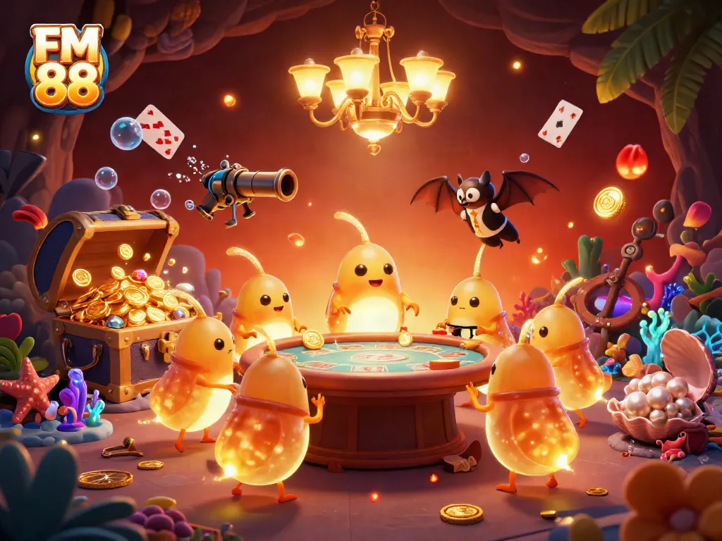 FM 88 casino, vibrant glowworms illuminating a lively gaming scene.