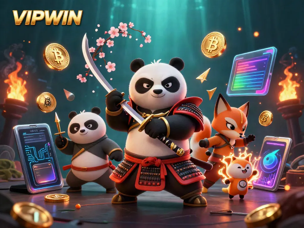 Experience the thrilling action of VIPWIN with a 3D illustration of a samurai panda and ninja fox amidst glowing cryptocurrencies.