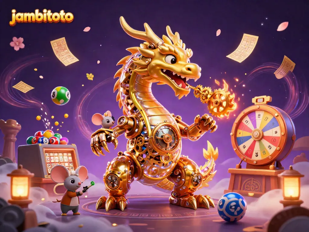 Experience thrilling gameplay at Jambitoto with a vibrant 3D illustration featuring animated dragon and dynamic lottery elements.