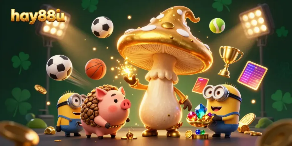 Experience thrilling wins at hay88iu with a dynamic casino scene showing gold, sports balls, and magical elements.