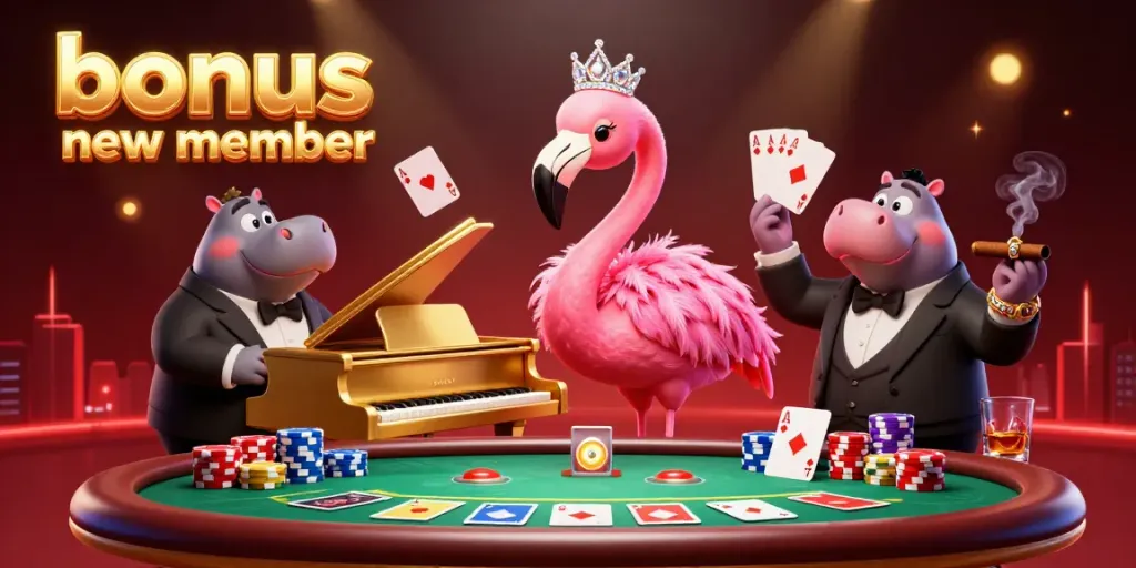 Experience the vibrant bonus new member scene with a flamingo singer and hippo bassist in a casino atmosphere.