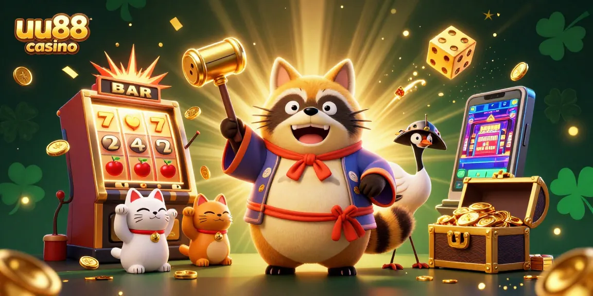 Win big at uu88 casino with a vibrant 3D scene featuring a cheerful tanuki and lucky symbols.