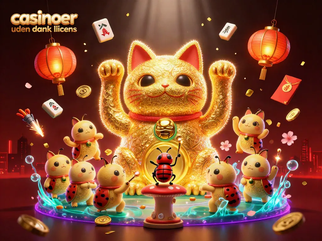 Engage with top casinoer uden dansk licens through a vibrant, dynamic illustration showcasing a lucky cat and symbols of chance.
