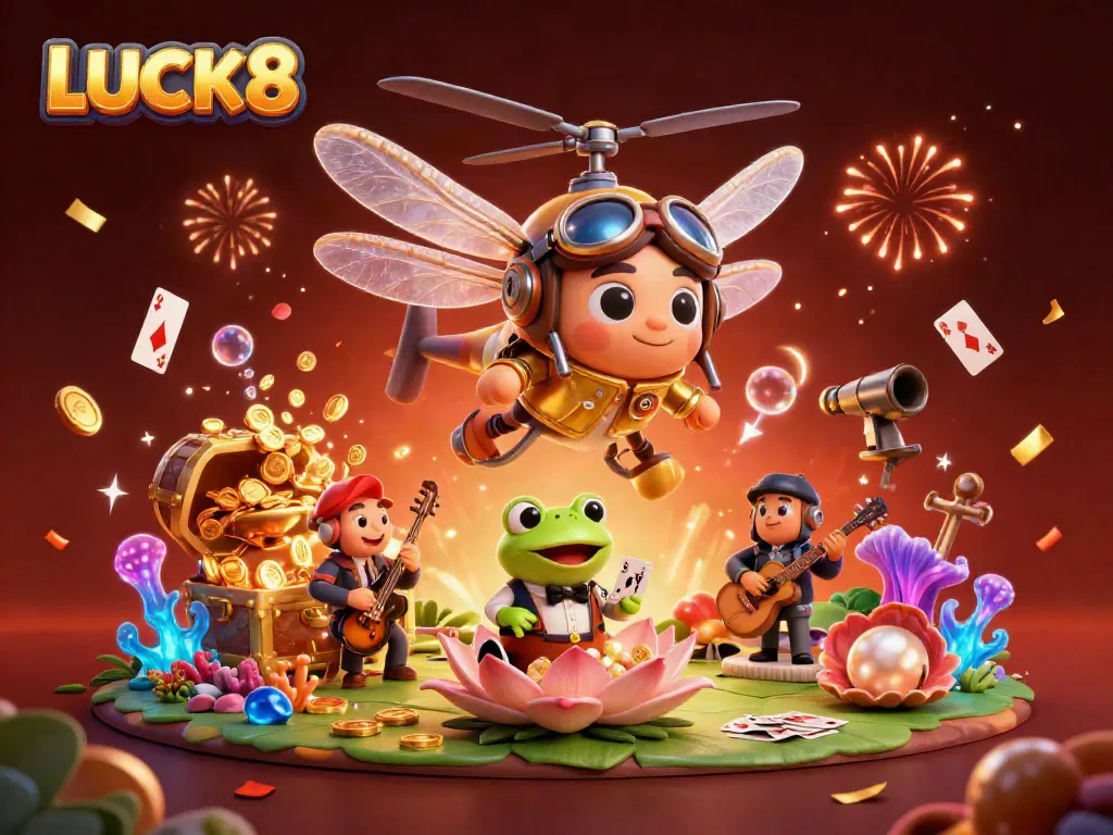 LUCK8 dragonfly pilot and frog dealer in a vibrant casino scene, celebrating with confetti.
